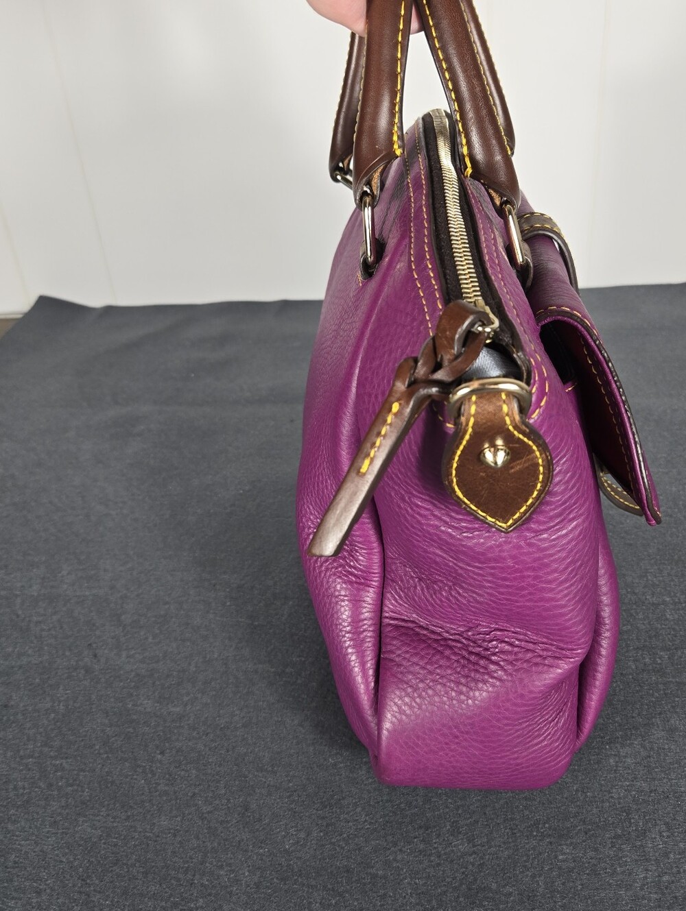 Dooney & Bourke Samba Magenta Pebble Leather Satchel with Brown Trim - Picture 9 of 15